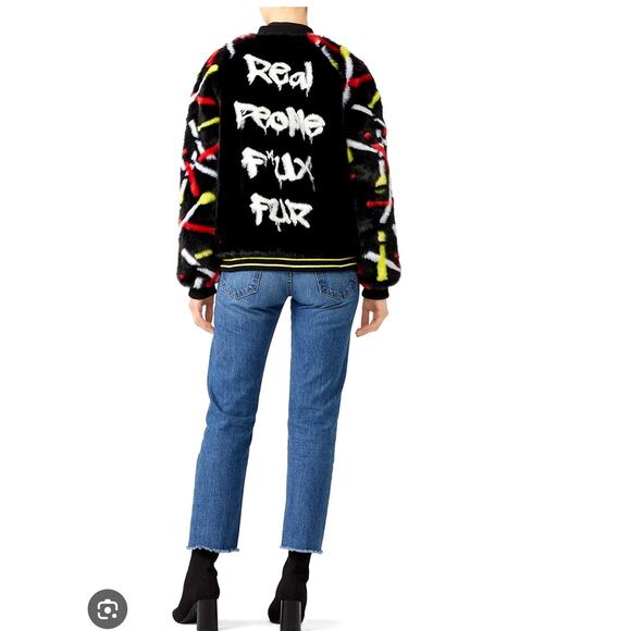Heurueh Real People Faux Fur Bomber Jacket Black Designer Graffiti Back - Picture 2 of 8